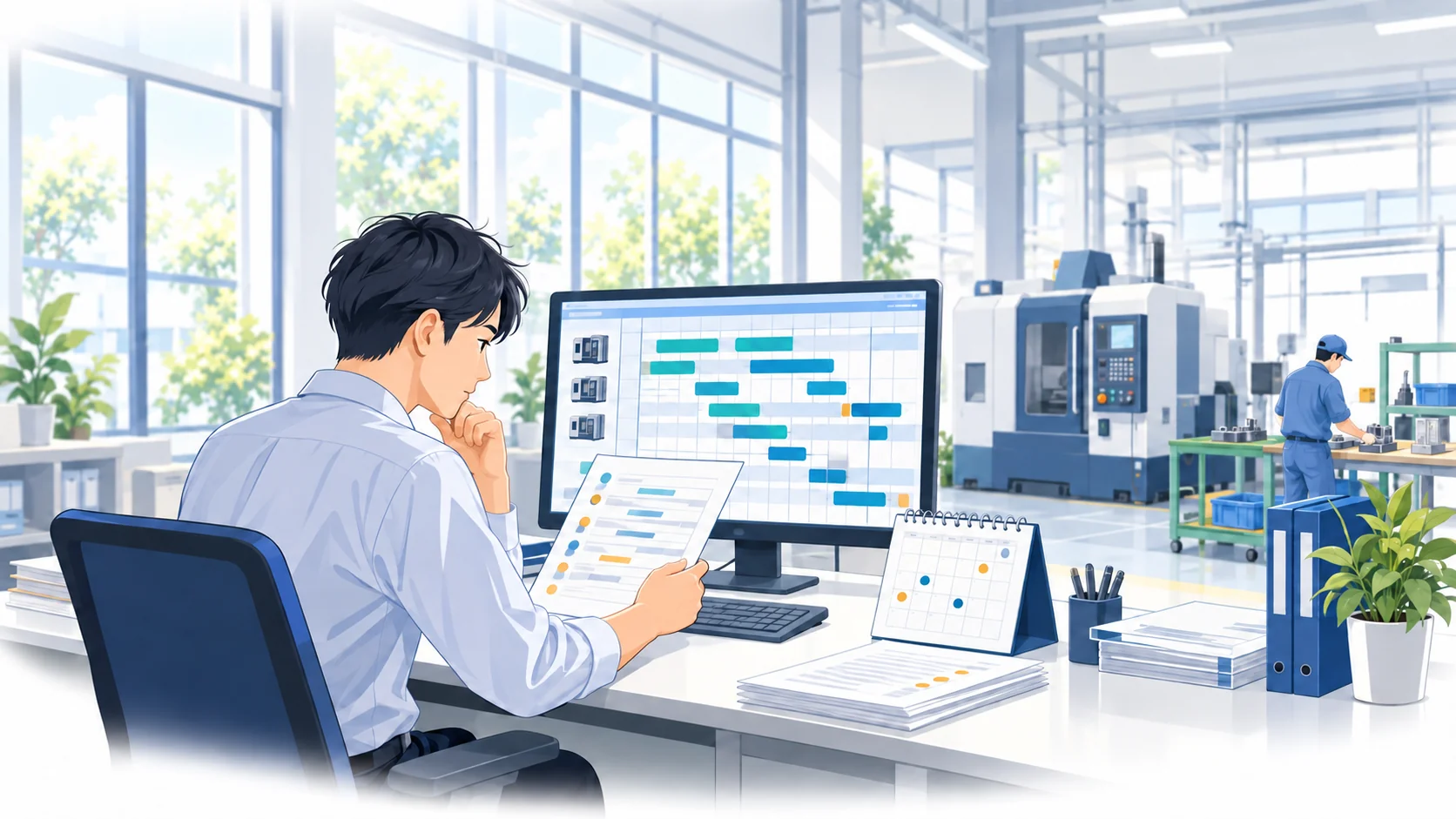 計画担当者が注文票、カレンダー、設備の予定を照らし合わせる概念イラスト